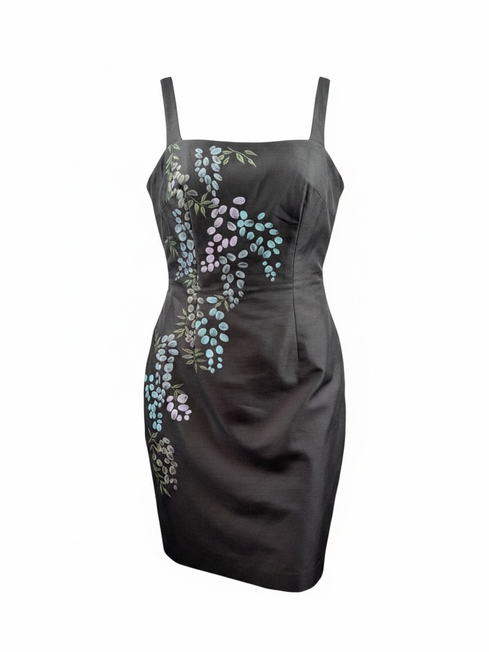 Vintage Black Hand Painted Floral Silk Sz 6 Sheath Dress Cocktail Sleeveless